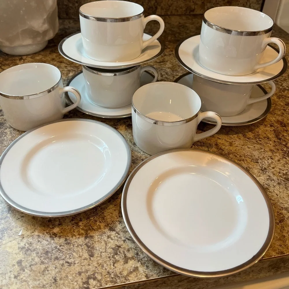 Pier 1 Monno Bangladesh Elegant White and Silver Tea Cups and Saucers Set of 6
